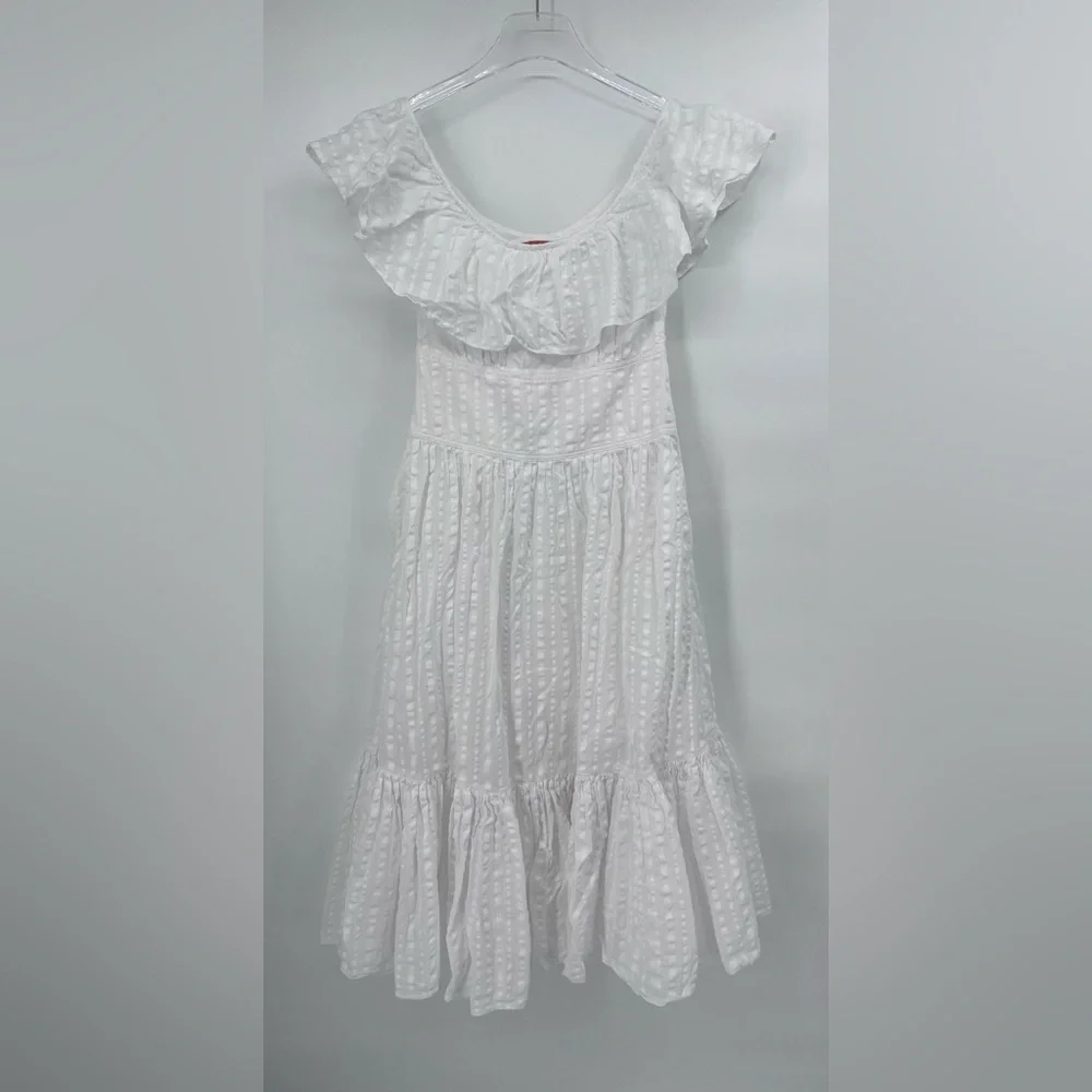 TORY BURCH White Tonal‎ Stripe Cotton Seersucker Dress Size 4